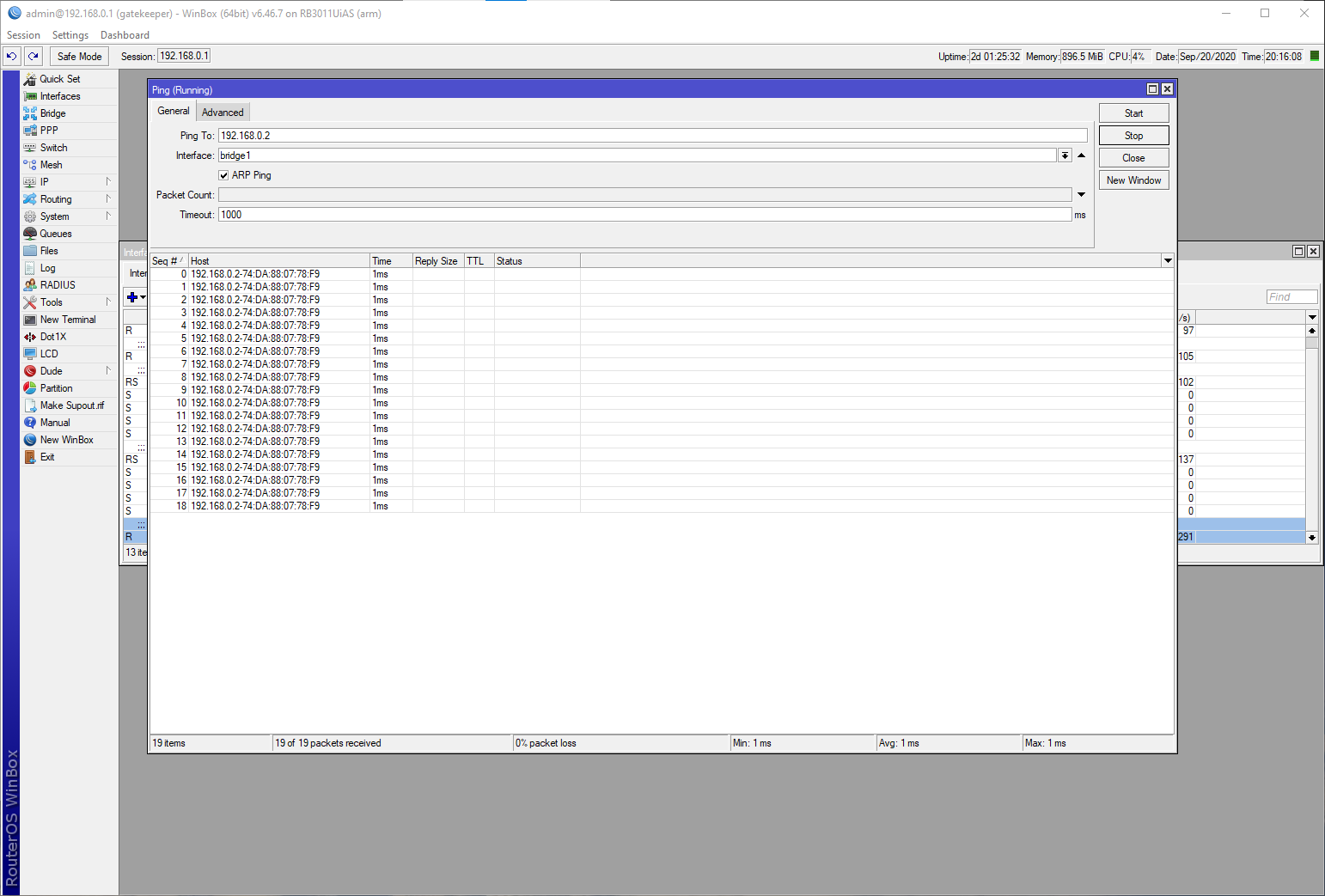 Ping 192.168.0.2 via bridge1 with ARP PING selected.png